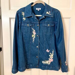 Bradford Exchange Floral Embroidered Denim Jacket Butterfly Roses Cottagecore M